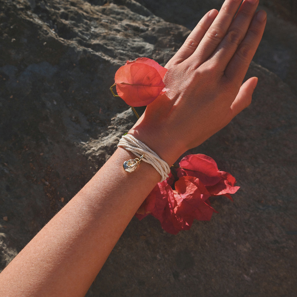 Hand with bracelet holding red flowers against a dark textured background