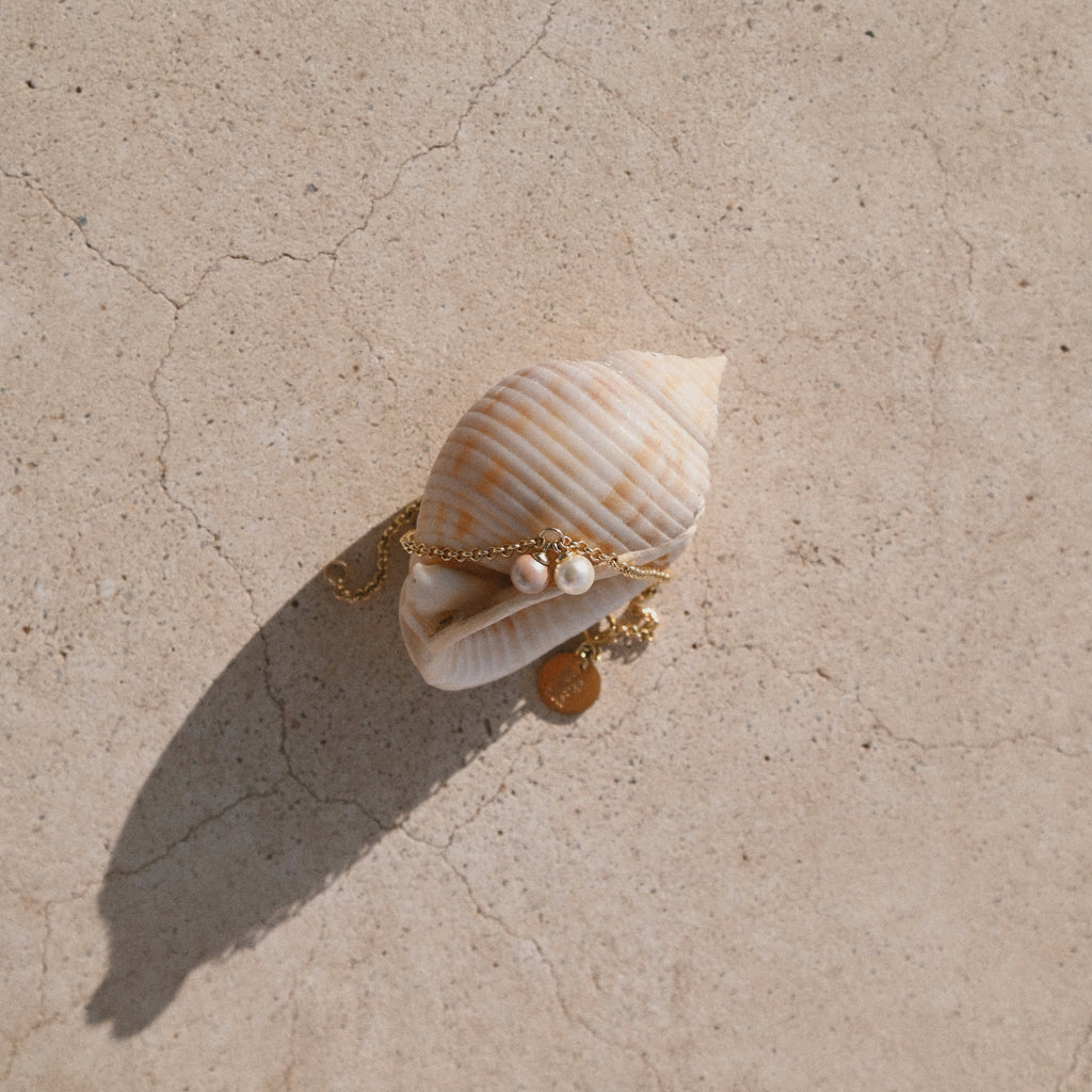 Shell with a gold bracelet on a beige surface